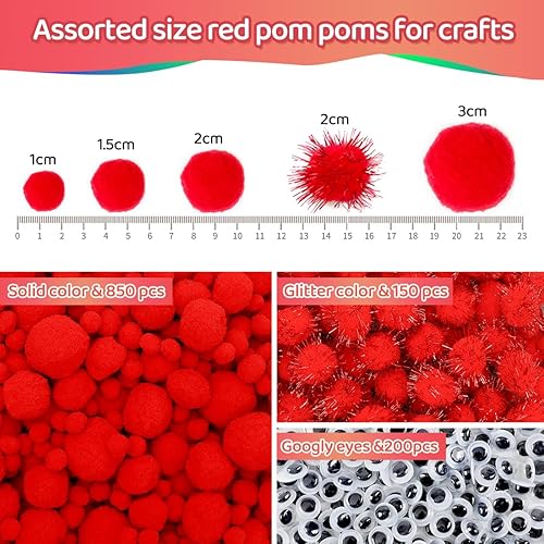 Miniatura 10 de Iooleem Pompones rosados, 1200 pompones de varios tamaños, pompones para artes y manualidades, pompones con ojos ondulados en frasco, pompones con