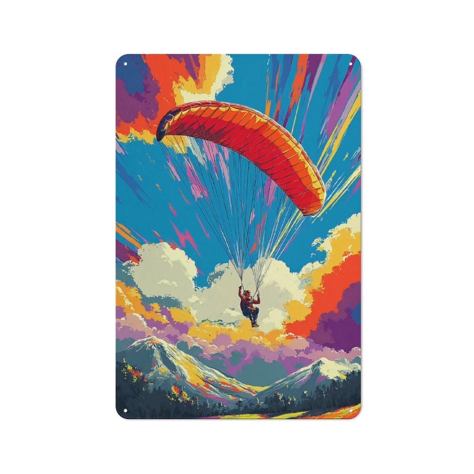 Junmoney Paraglider Soaring Above Colorful Mountains Cottage Metal Wall Decor 30X20cm, Shed Metal Sign For Conservatory, Home Bar Or Utility Room