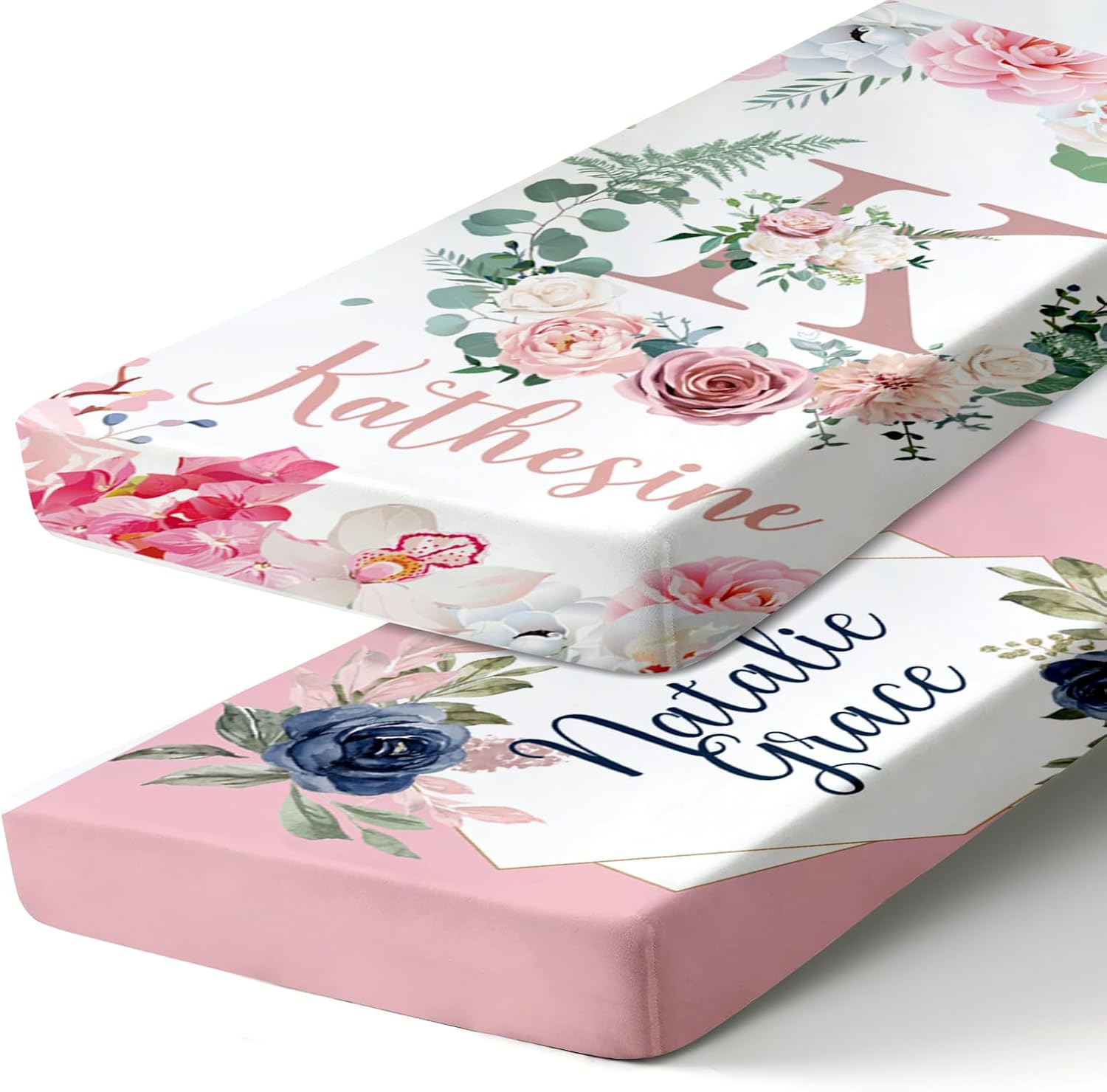 Custom Name Crib Baby Sheets - Personalized 2Pcs Baby Bedding for Boys Girls - Portable Cotton Pink Floral Changing Fitted Sheets Gifts for Newborn Infant