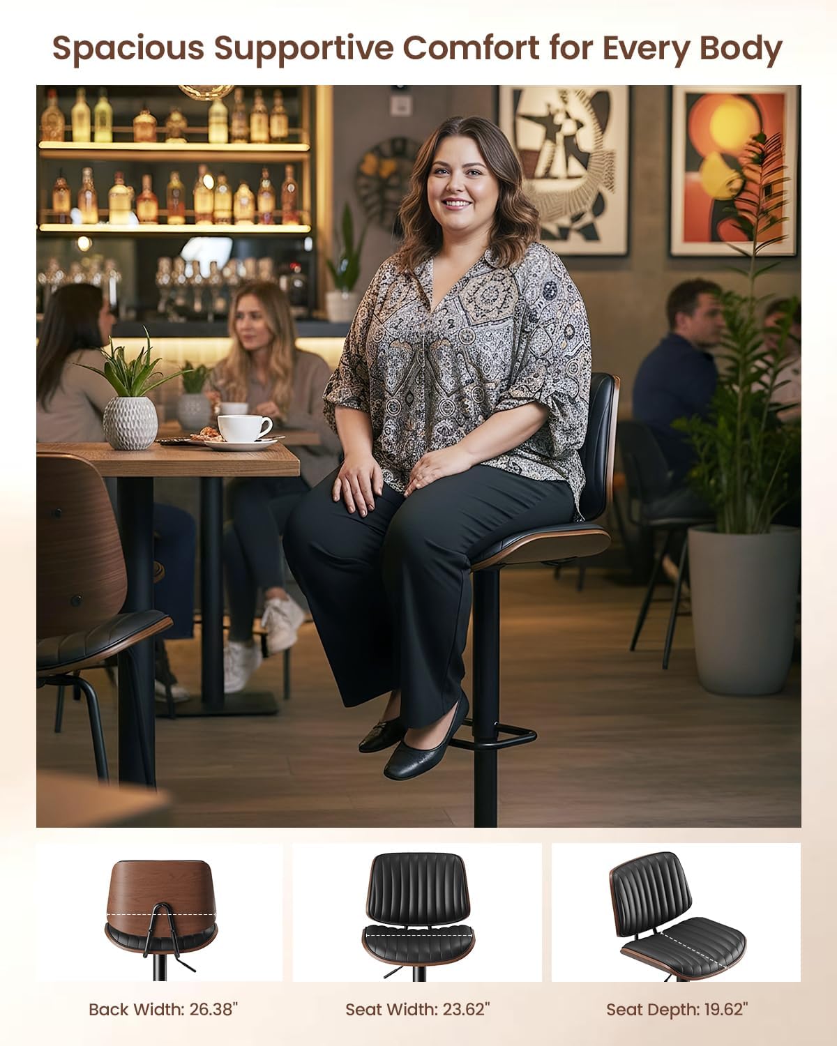 Bar Stools Set of 1, Adjustable Modern Swivel Bar Chairs 26-34.5inch with Footrests, Faux Leather Counter Height Barstools for Bar, Kitchen, Dining Room, Black