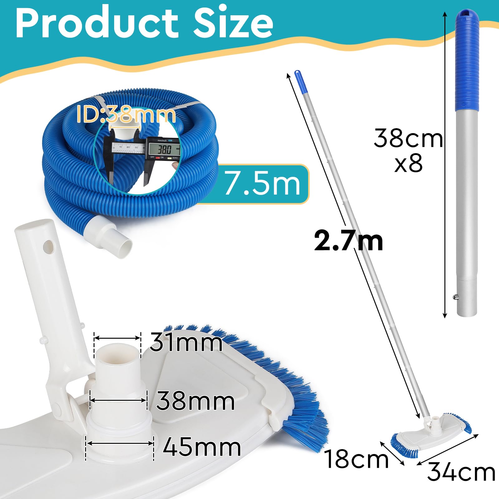 EFUTURETIME Poolsauger Bodensauger Poolreiniger manuell mit Bürsten, 7,5 m Schlauch φ38mm, 2,7 m Teleskopstange