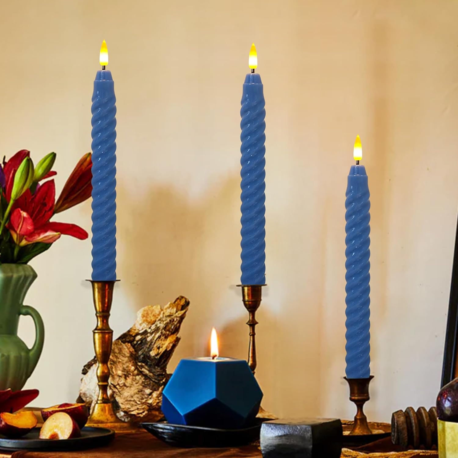 Dark Blue Spiral Flameless Taper Candles, 9.8 Inch Flickering Candles with Remote and Timer, Real Wax Candlesticks LED Battery Operated 3D Wick for Wedding Party Home Decor, 6PCS
