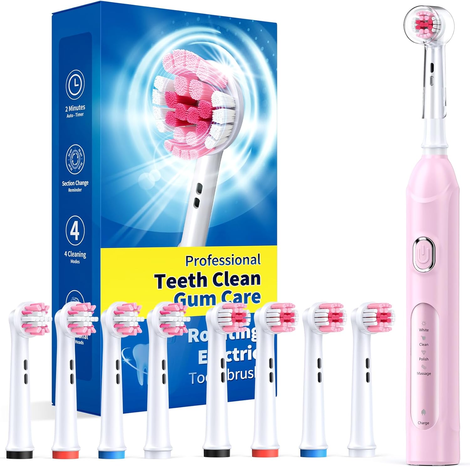 TEETHEORY Rotating Electric Toothbrush for Adults with 8 Brush Heads (2 Types), 4 Modes Deep Clean Electric Toothbrush with Rechargeable Power and 2 Min Smart Timer (2- Cherryblompink, p1)
