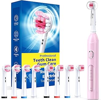 Rotating Electric Toothbrush for Adults with 8 Brush Heads (2 Types), 4 Modes Deep Clean Electric Toothbrush with Rechargeable Power and 2 Min Smart Timer Pink