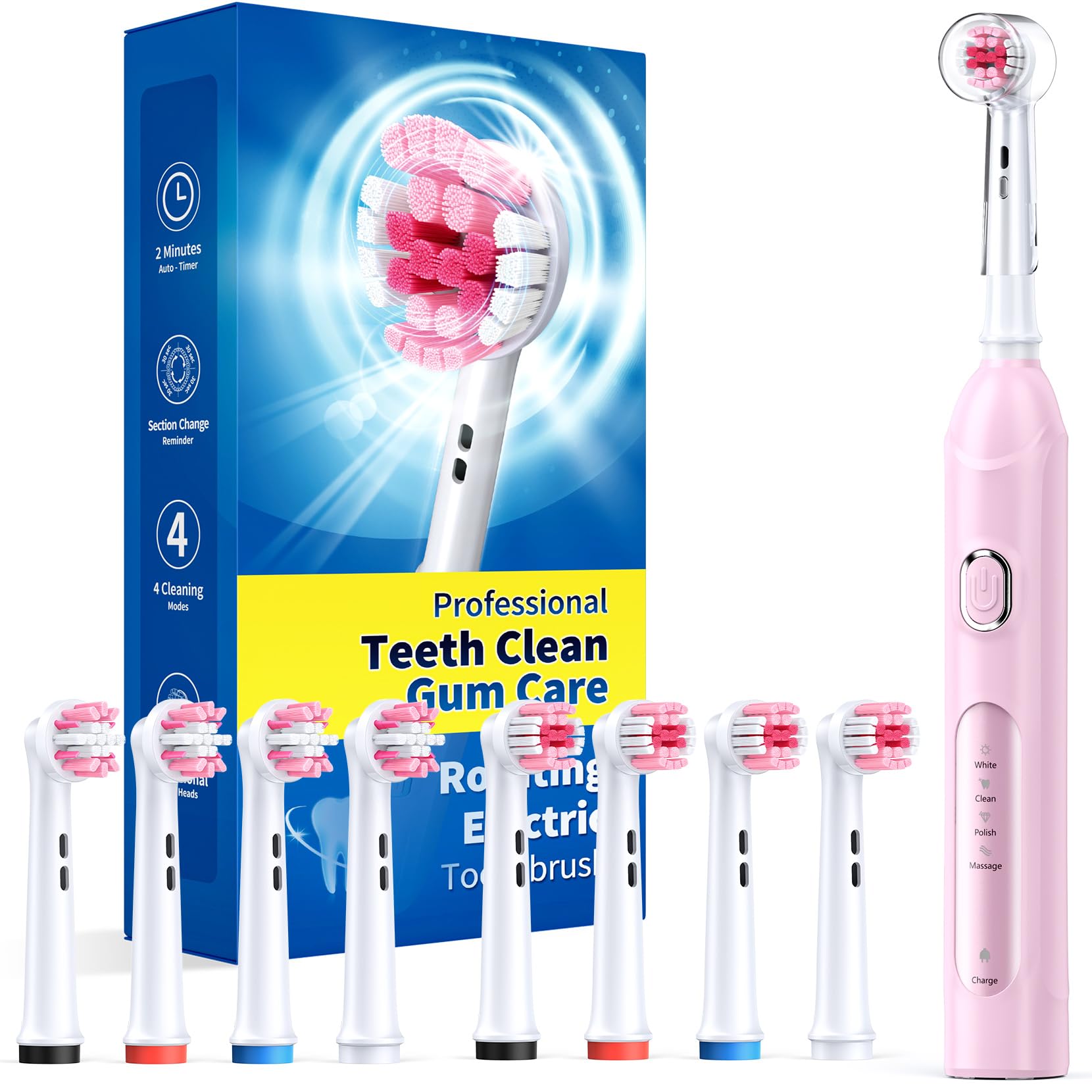 Rotating Electric Toothbrush for Adults with 8 Brush Heads (2 Types), 4 Modes Deep Clean Electric Toothbrush with Rechargeable Power and 2 Min Smart Timer Pink