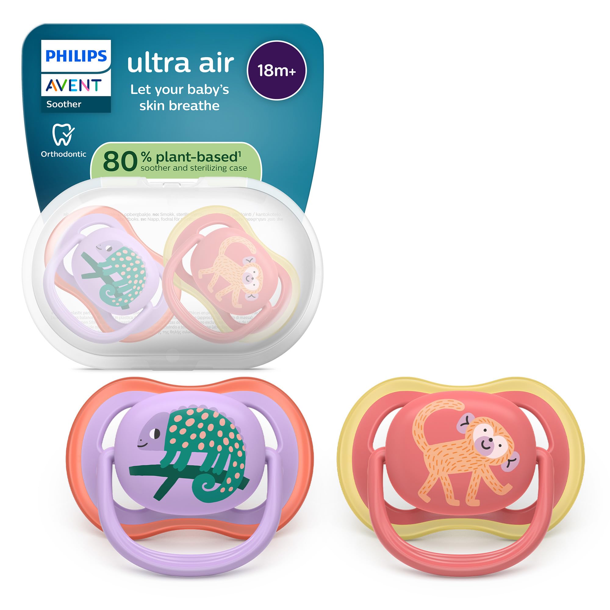 Philips Avent Ultra Air Soothers - Orthodontic Design, for Babies 18 Months+, Soft Silicone Symmetrical Teat, BPA-Free, with Sterilizing Case, 2 Pack, SCF349/47