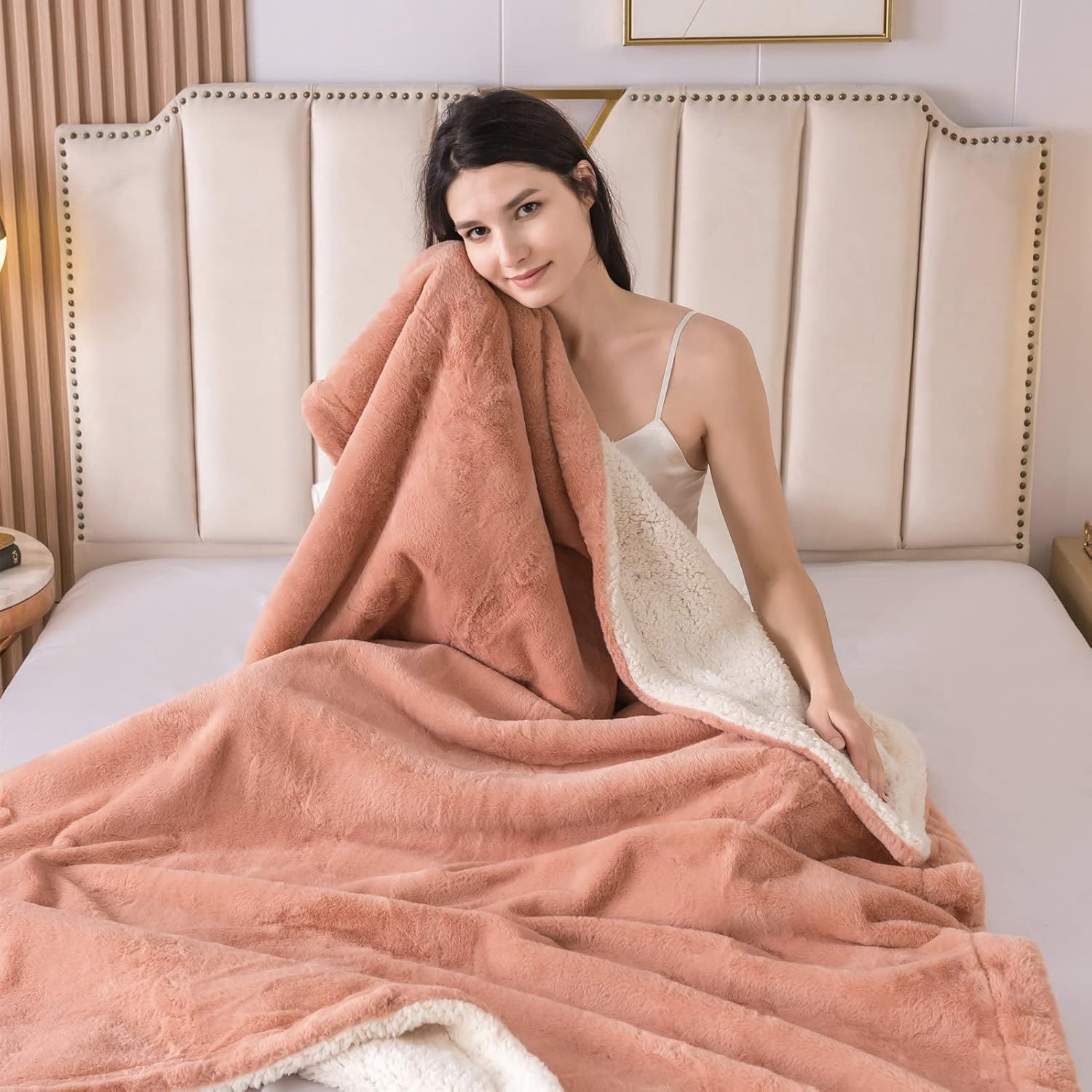 Sherpa Blanket Twin Faux Fur Rabbit Throw Blankets for Couch Chair Lightweight Blanket Baby Bed Soft Plush Microfiber Comfy Washable Fuzzy Reversible Throws All Seasons(Dusty Pink,50"x70")
