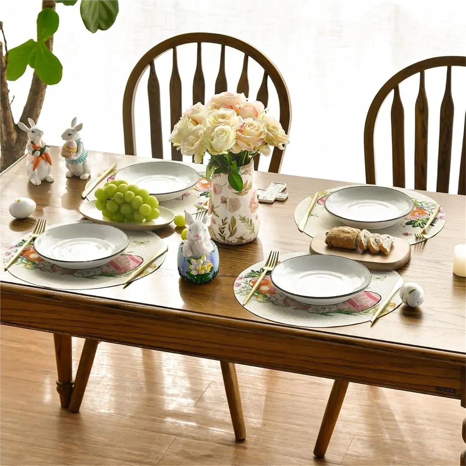 Easter Round Placemats Set of 4, 14 Inch Bunnys Carrot Eggs Spring Farmhouse Round Table Mats for Easter Party Dining Decoration(6)