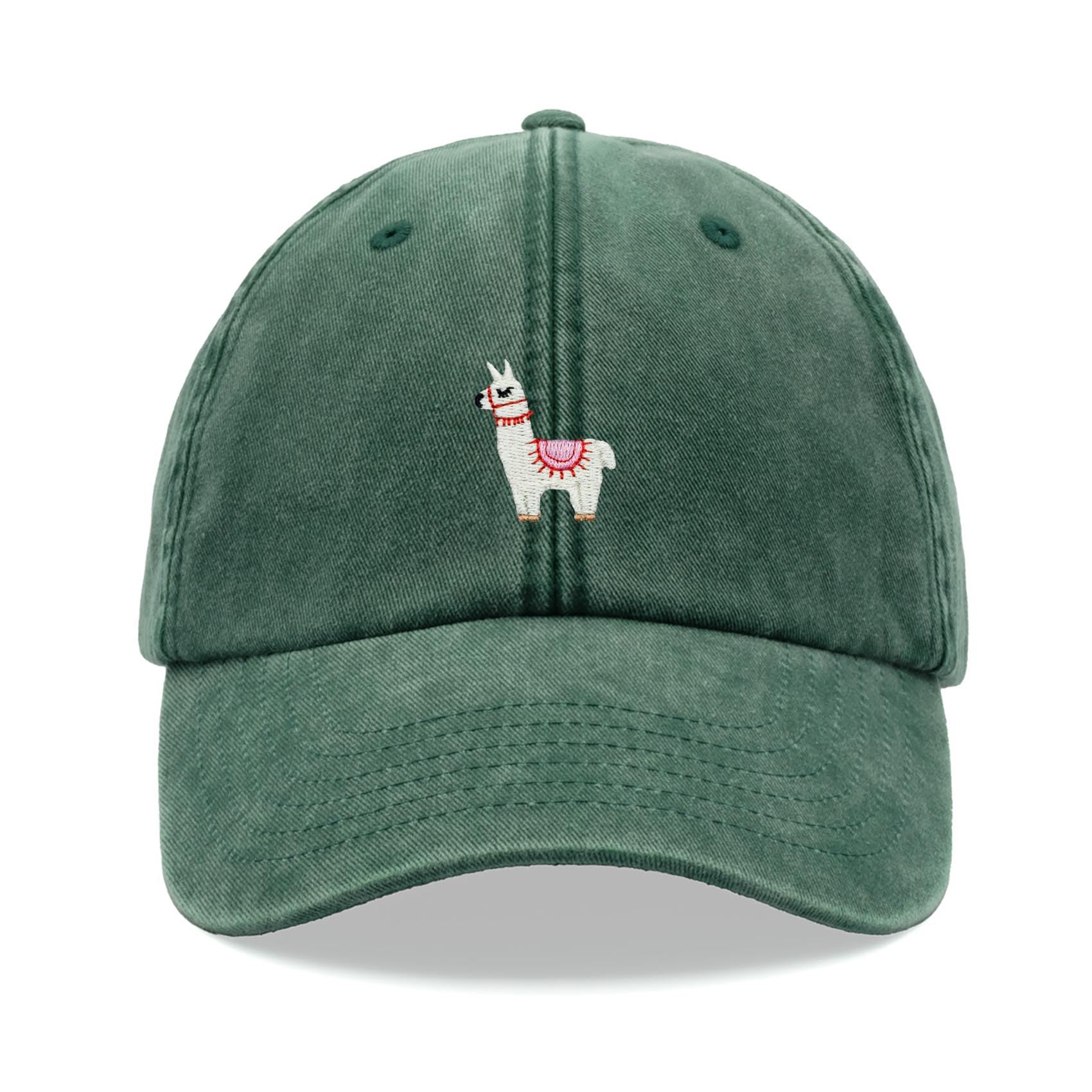 Llama Baseball Cap Vintage Washed Unisex Dad Hat Adjustable Bottle Green