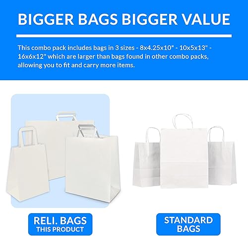 Miniatura 7 de Reli. Bolsas de papel con asas, blancas | Varios tamaños grandes | 75 piezas (25 de cada tamaño) - a granel | 8x4.25x10-10x5x13-16x6x12 | Paquete