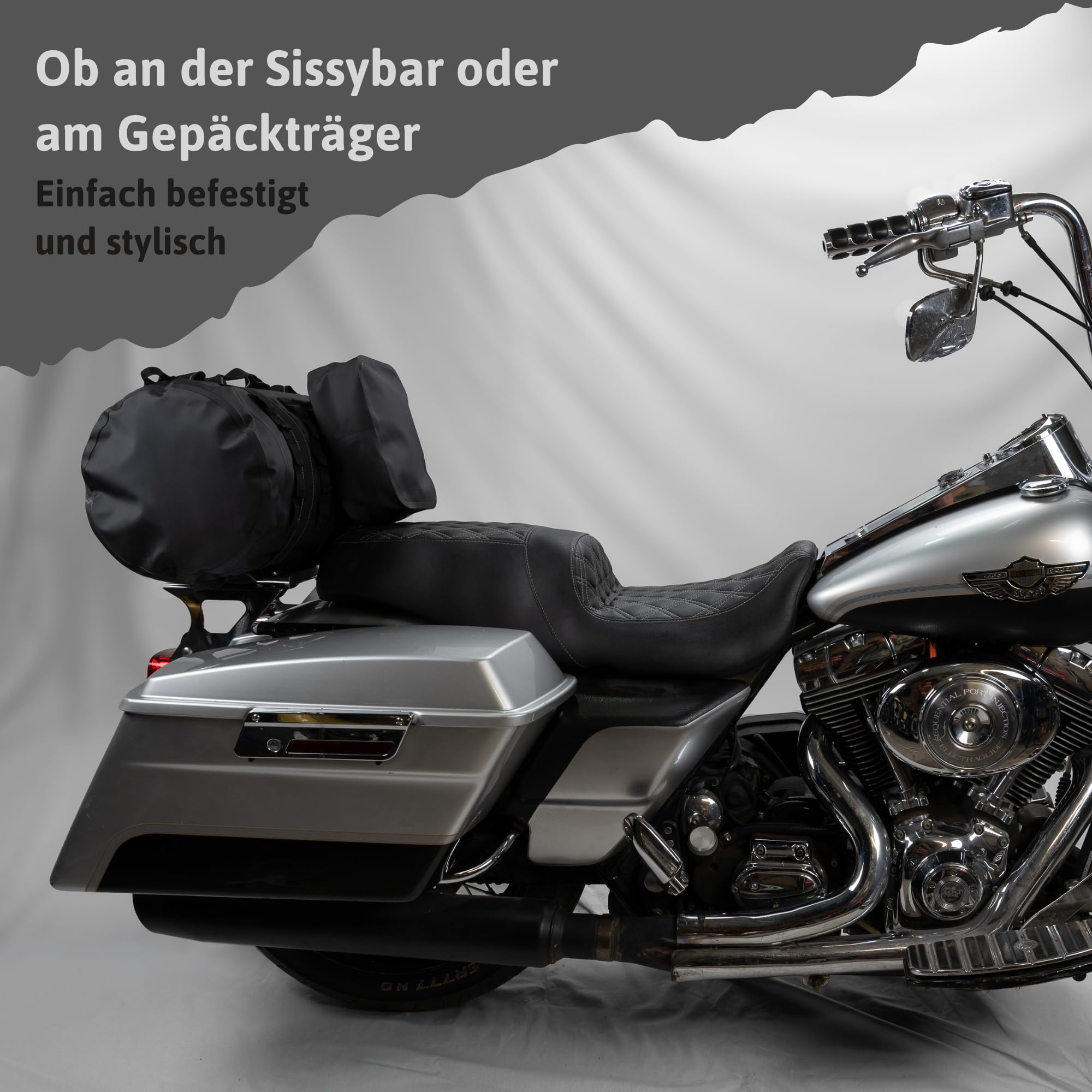 MALIHINI Borsa da moto per sissybar e portapacchi [schienale + MOLLE] 50 l, Dry Bag impermeabile per motociclisti | Sacca e come zaino | Campeggio e borsa da viaggio Bikepacking