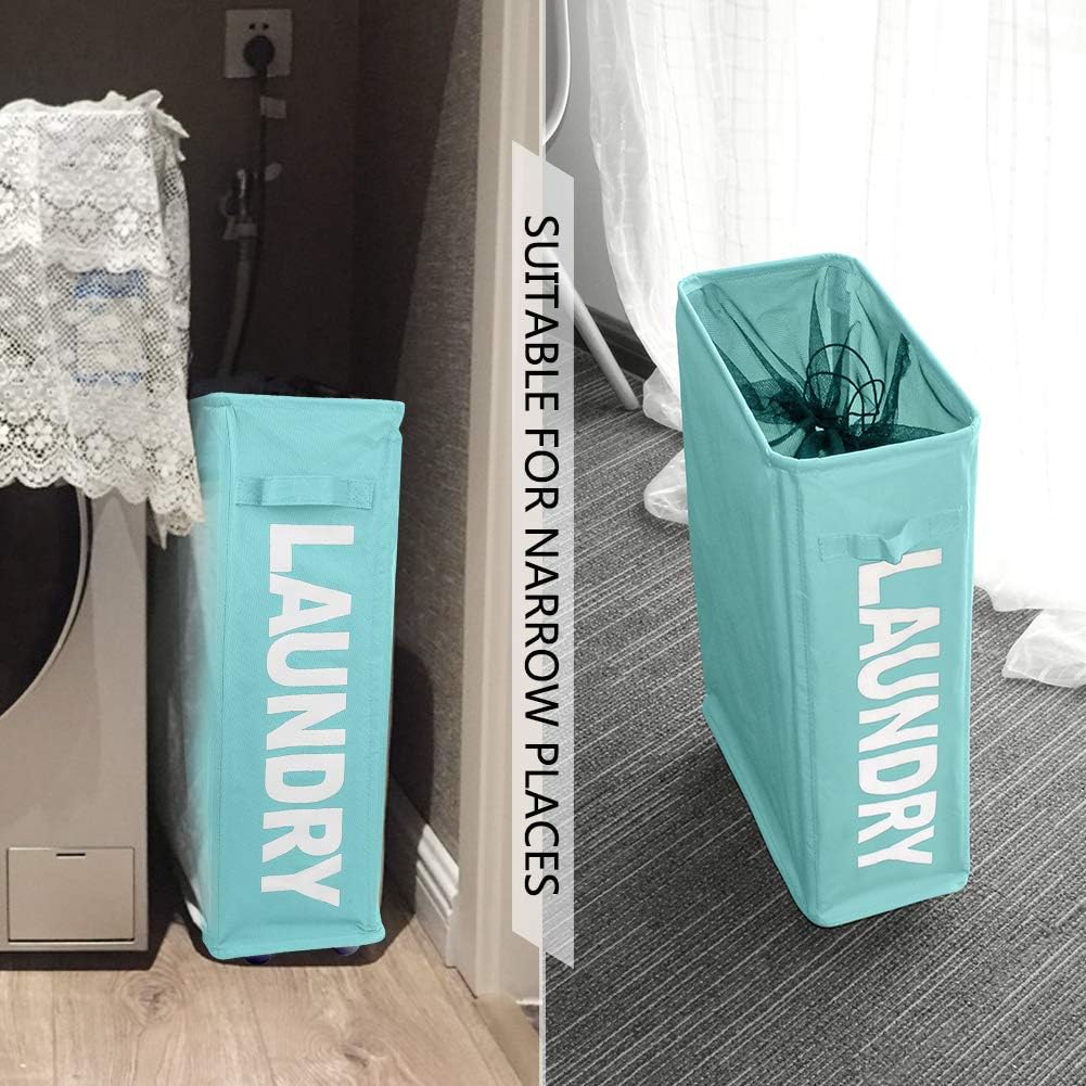 Slim Rolling Laundry Basket with wheel, IHOMAGIC Rectangle Storage Hamper - Thin Laundry Basket Corner Fittable Laundry Bin Flexible handle Laundry Sorter For Dormitory, Hotel, 39x18.5x58cm 41L, Blue