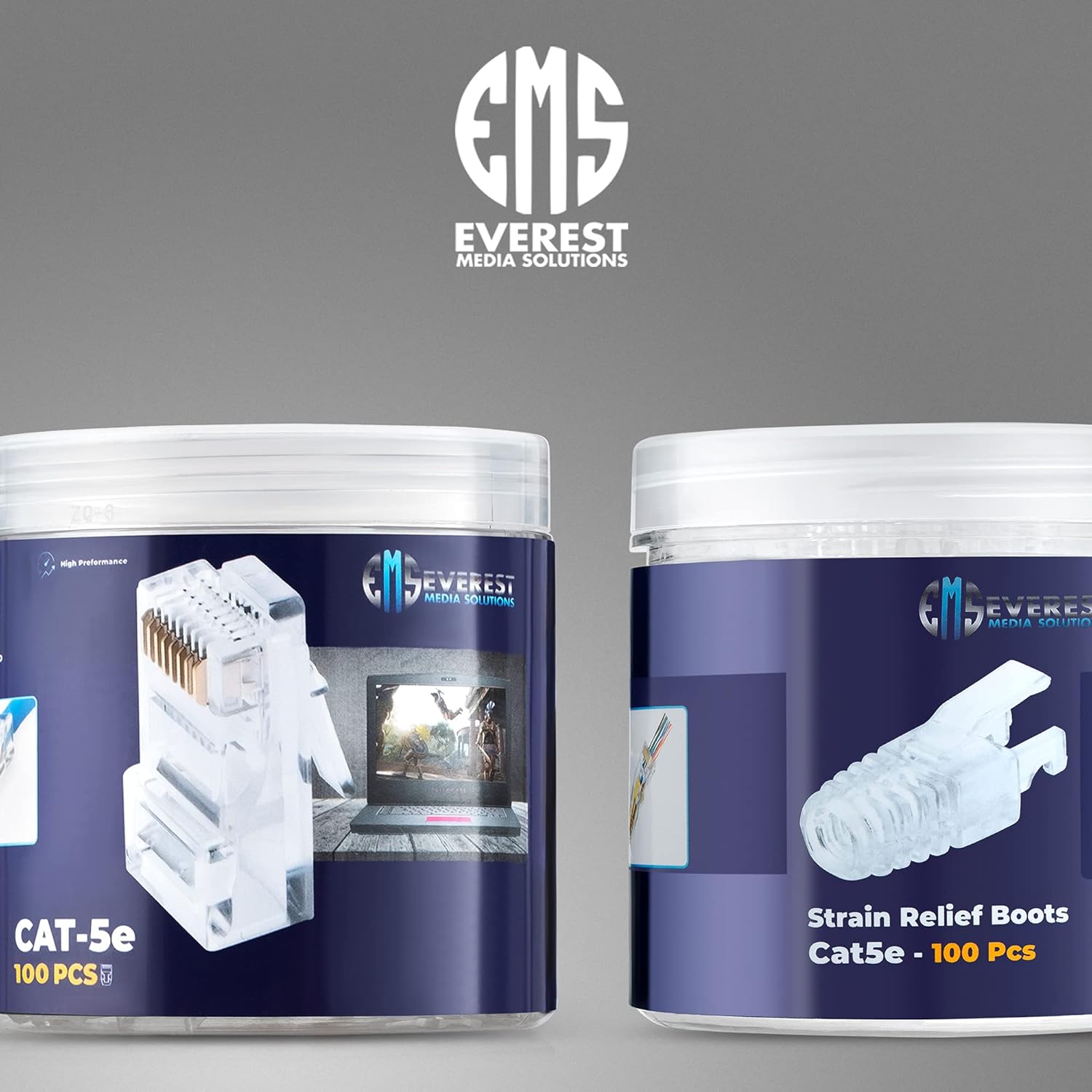 Everest Media Solutions RJ45 Cat5e Pass Through Connectors and Strain Relief Boots - Pack of 100/100 | EZ to Crimp Modular Plug for Solid or Stranded UTP Network Cable