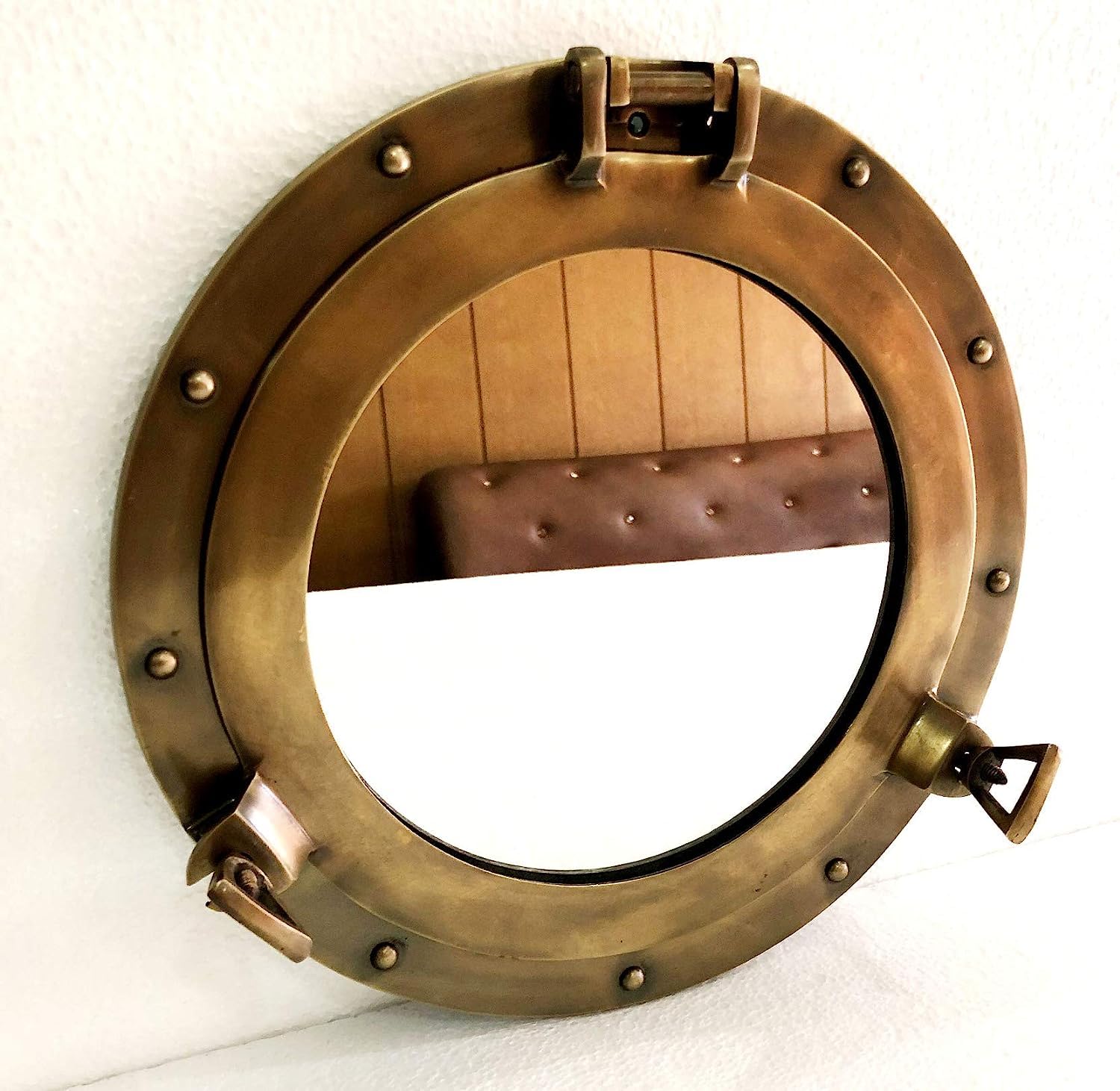 Miroir rond pour fenêtre de bateau Finition marron antique 30,5 cm