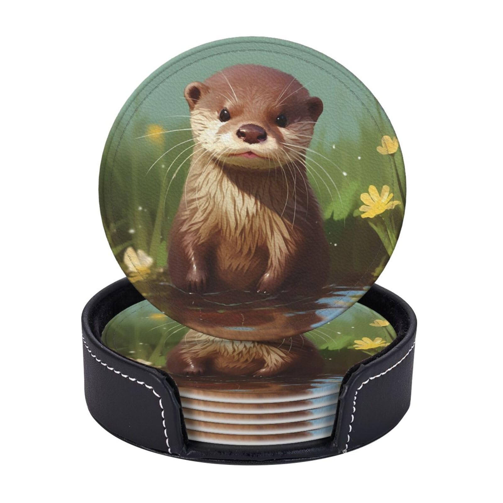 Round Coasters for Drinks Set of 6 - PU Leather Coasters with Holder - Modern Drink Coasters for Coffee Table - Cute Otter Coaster for Tabletop Protection 4" Cup Mat Pad