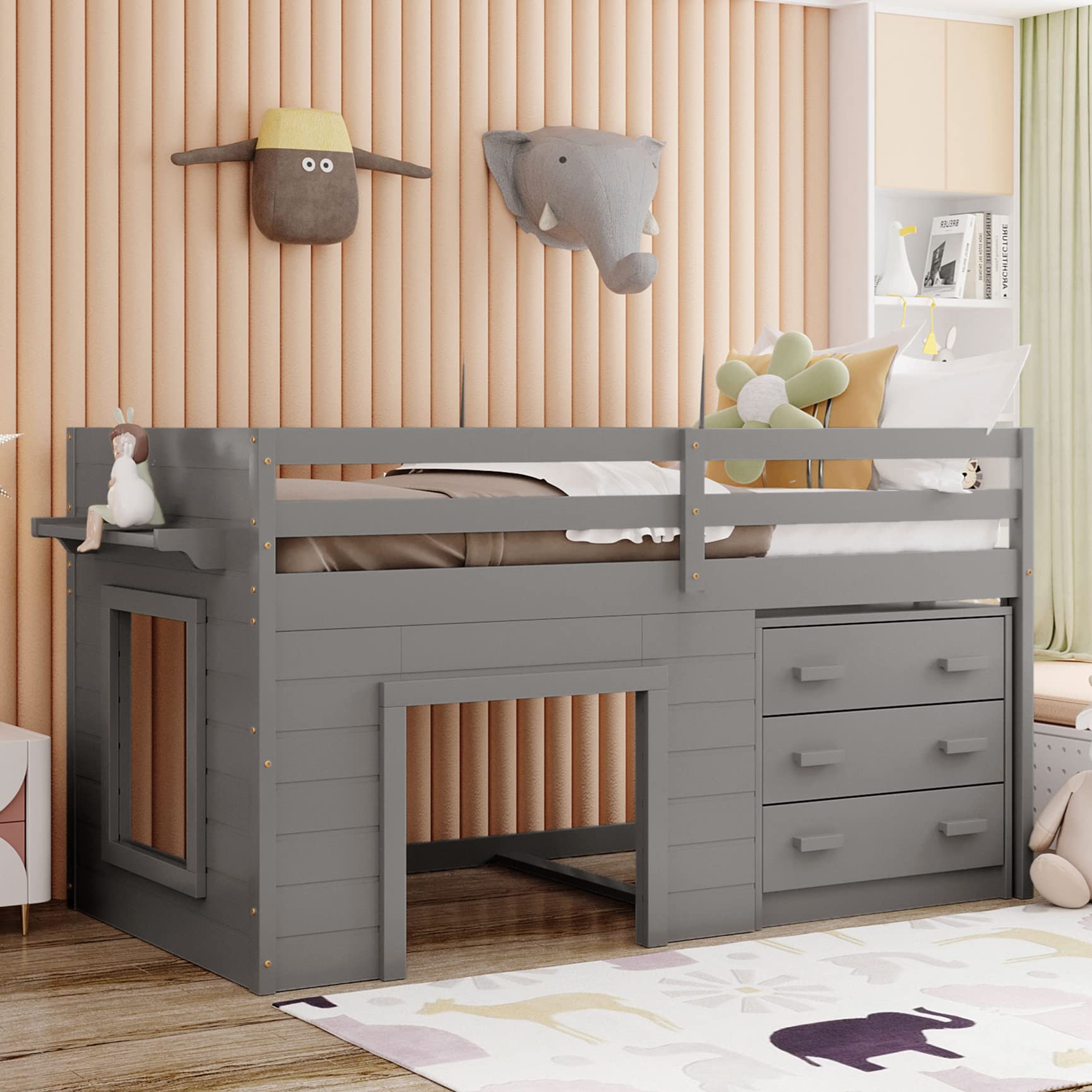 Buy Low Loft Bed with Storage ,Wood Twin Size Loft Bed with and Shelf ,Kids Loft Bed