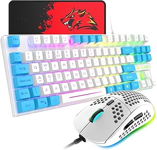 Gaming Keyboard and Mouse Combo,88 Keys Compact Rainbow Backlit Mechanical Feel Keyboard,RGB Backlit 6400 DPI Lightweight Gaming Mouse with Honeycomb Shell for Windows PC Gamers (White&Blue)