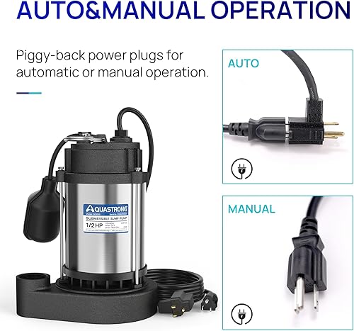 Vista 3 de AQUASTRONG Bomba de sumidero sumergible de 1/2 HP, bomba de sumidero de acero inoxidable y hierro fundido de 3830 GPH, interruptor de flotador