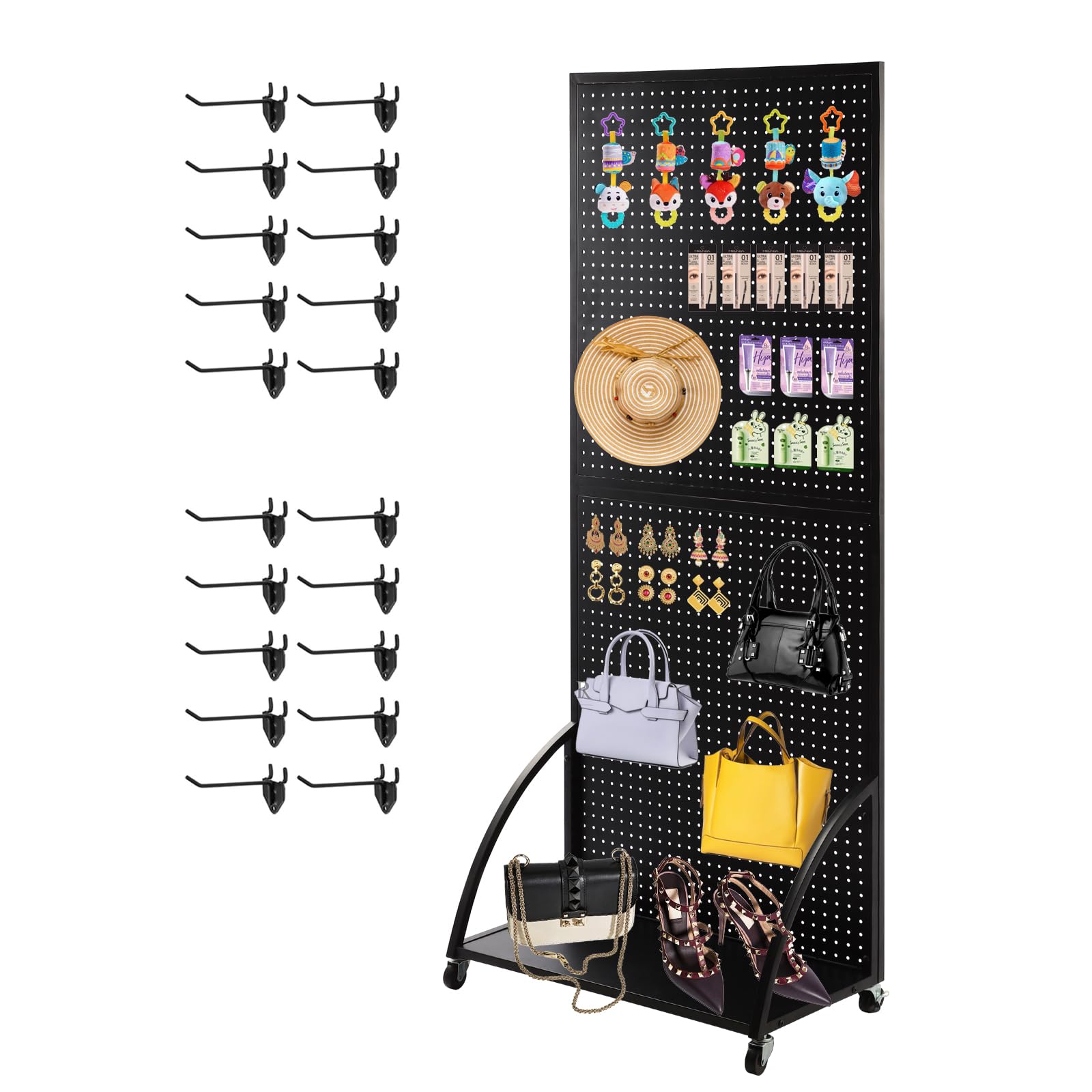 2.5'x 6' Metal Pegboard Display Stand with Base Plate, Black Standing Pegboard Panels Display with Wheels, Craft Show Display Rack, Art Display Stand, Retail Display, Extra 20 pieces Hooks