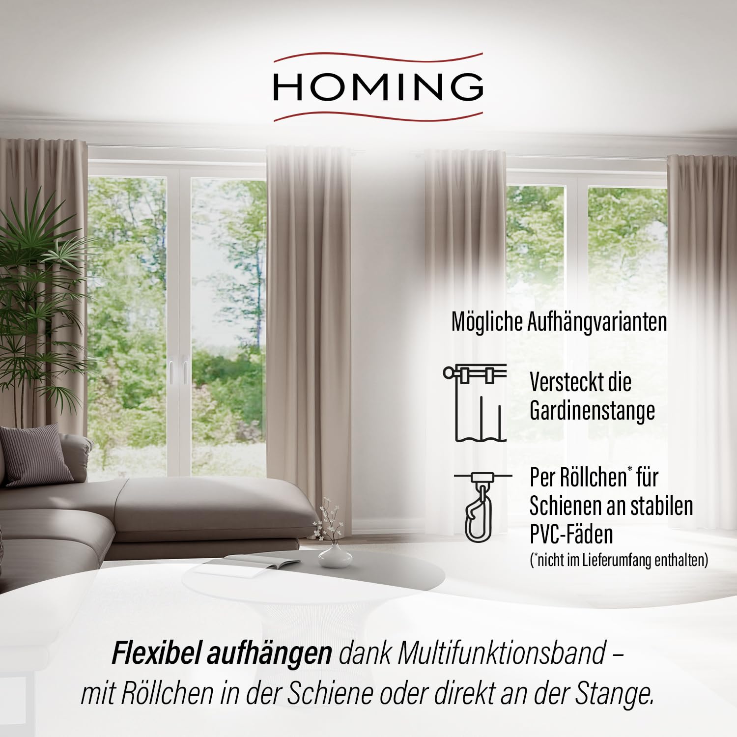 Homing Akustikvorhang Kalin Natur | Schlaufenvorhang inkl. Multifunktionsband | Blickdichter Vorhang Schlafzimmer & Wohnzimmer | Vorhang Blickdicht mit verdeckten Schlaufen | 140x245 cm | 1 STK.