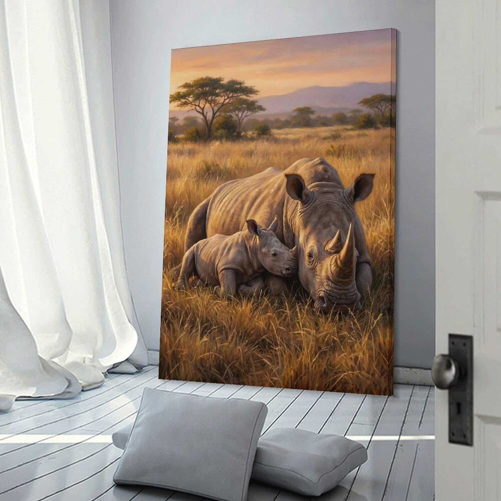 Junmoney Rhino Mother And Calf in Savannah Canvas Wall Decor, 24x36inch(60x90cm), for Art Walls, Layered Displays Or Homes, Home Wall Art for Statement Displays