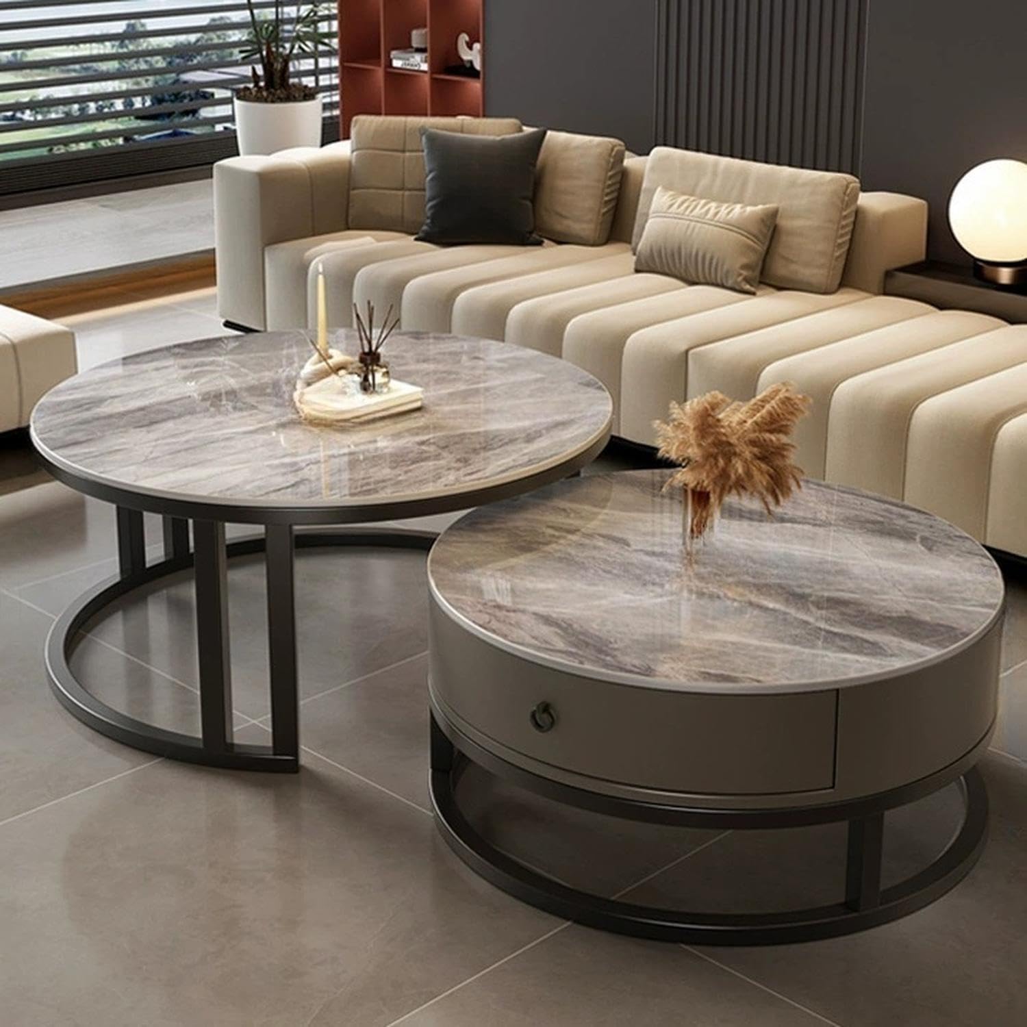 Round Nesting Coffee Table with Storage Drawer Set of 2, Modern Cocktail Table with Faux Marble Top for Living Room Small Space 27" Black/Grey-White 27.5"L x 27.5"W x 18"H + 19.5"L x 19.5"W x 16"H Black/ Grey Base-white Top