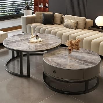 Round Nesting Coffee Table with Storage Drawer Set of 2, Modern Cocktail Table with Faux Marble Top for Living Room Small Space 31.5" Black/Grey-Gray