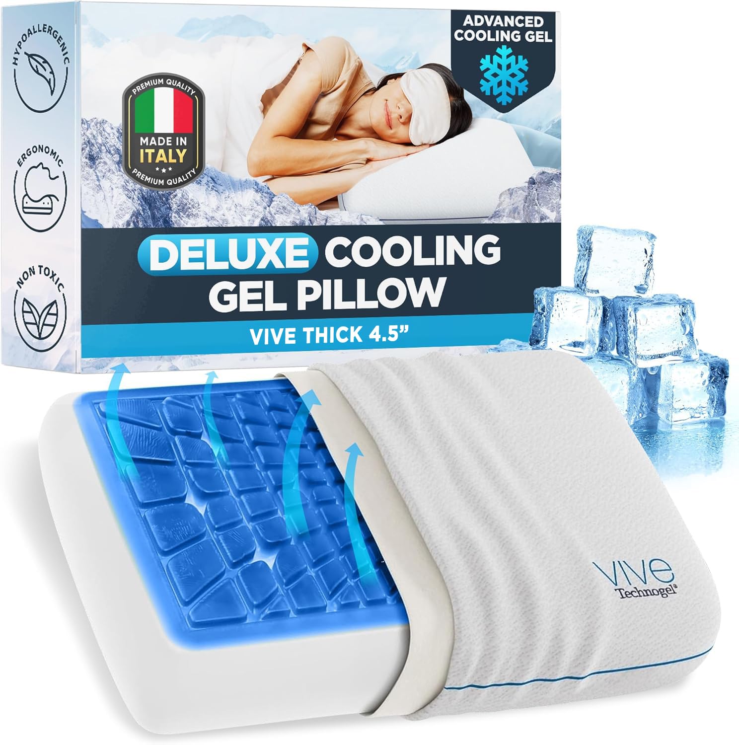 Photo 1 of Vive Deluxe Cooling Gel Foam Pillow - Cool Gel Memory Layer with Ergonomic Design, Ideal for Cold Sleepers & Side Sleep, Washable Cover, Hypoallergenic Bedding, Italy Made, 4.5” Thick Soft Comfort