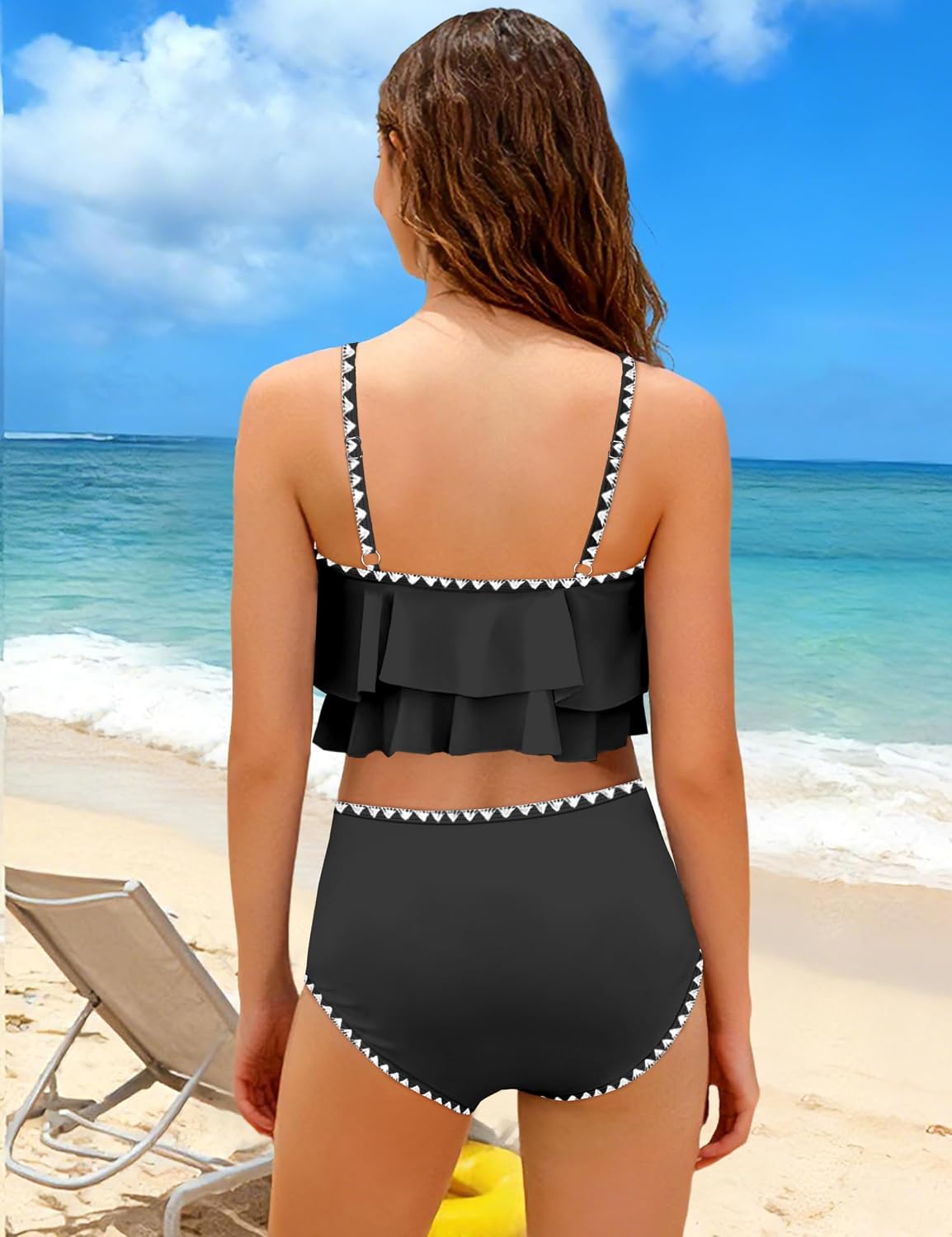 Girls Swimsuit Bikini Set 2 Piece Bathing Suit Tiered Ruffled Contrast Trim Adjustable Straps Girls Swimwear 9-16Y