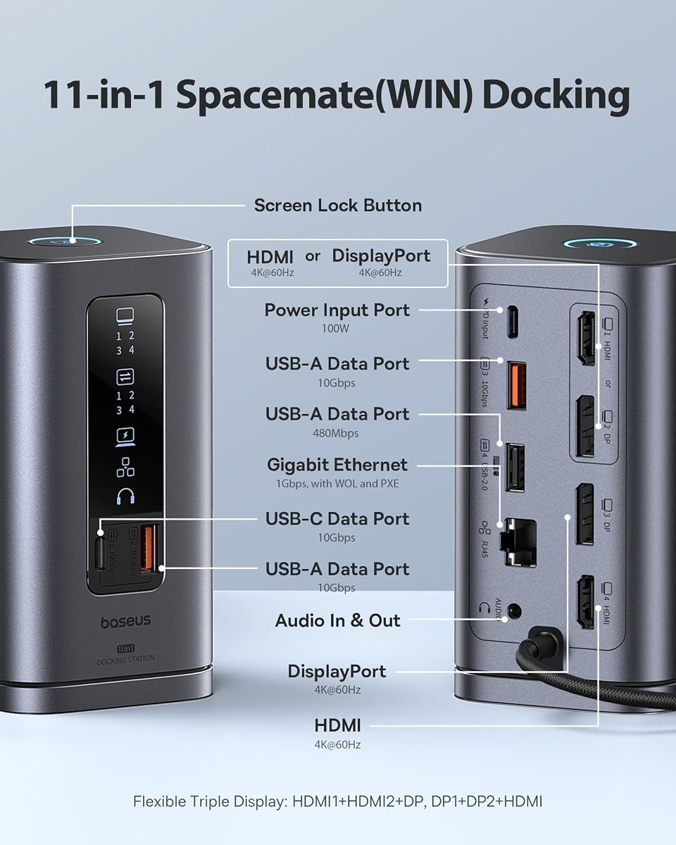 Estación de acoplamiento Baseus Spacemate, base USB-C 11 en 1 para computadora portátil con Windows, bloque de cargador USB C Baseus de 100 W, cargador de pared PPS compacto plegable de 3 puertos