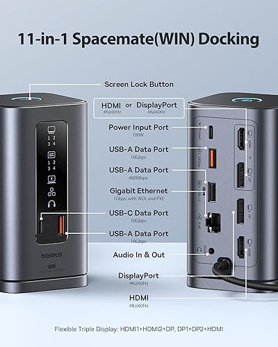 Miniatura 2 de Baseus Estación de acoplamiento, Spacemate(Win) 11 en 1, pantalla triple, HDMI y DP 4K, puertos USB A/C de 10 Gbps, Gigabit Ethernet, 100 W PD,