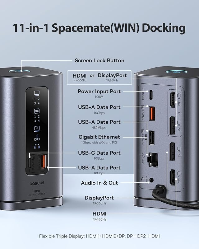 Estación de acoplamiento Baseus, Spacemate(Win) 11 en 1 y cargador USB C Baseus PD3.1 de 140 W, cargador rápido PPS tipo C
