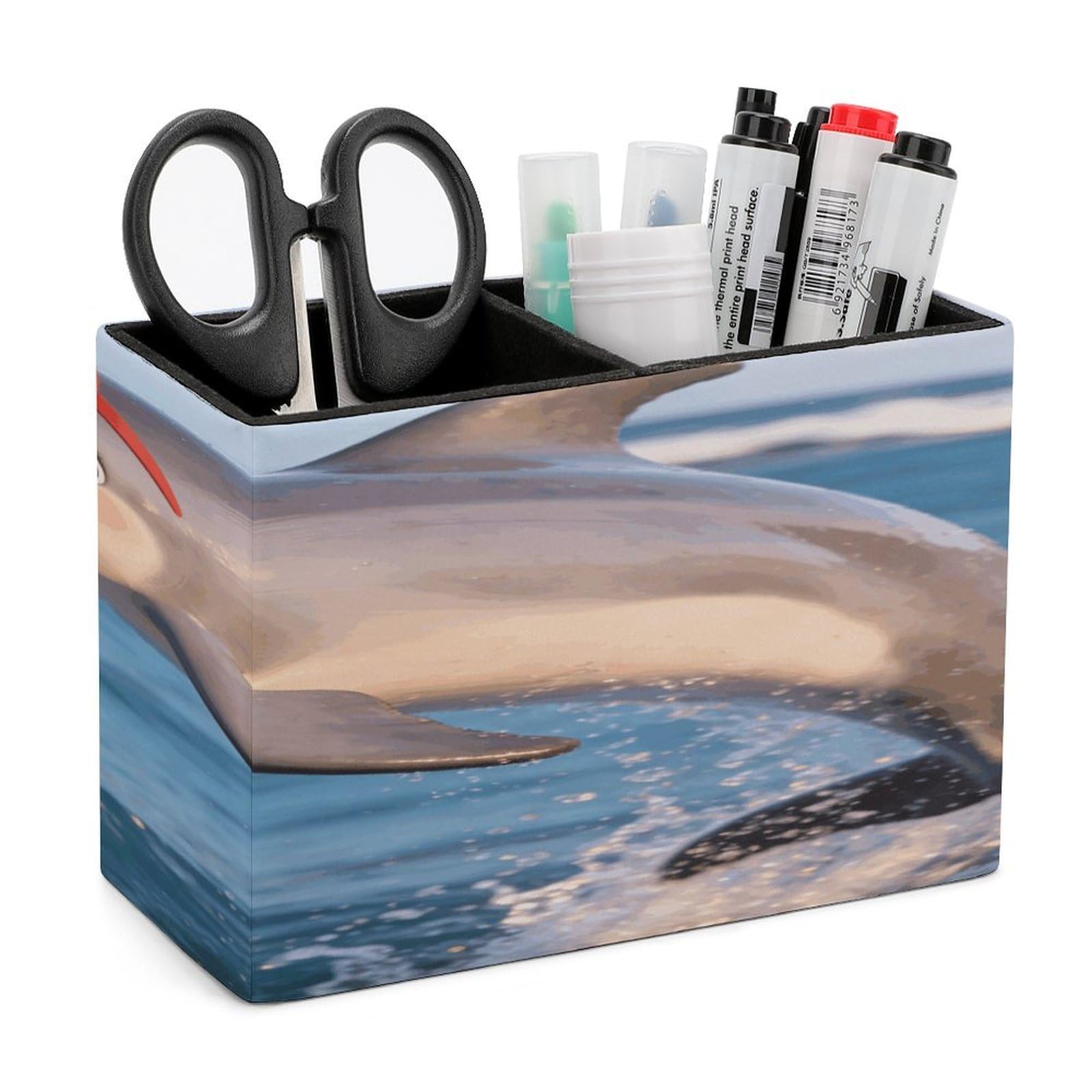 LZQPOEAS Cute Dolphin Gift Pen Holder Double Compartments Pen Cup Makeup Brush Holders Leather Pencil Holder Locker Organizer for Work Locker Accessories Modern Pencil Cup for Desk