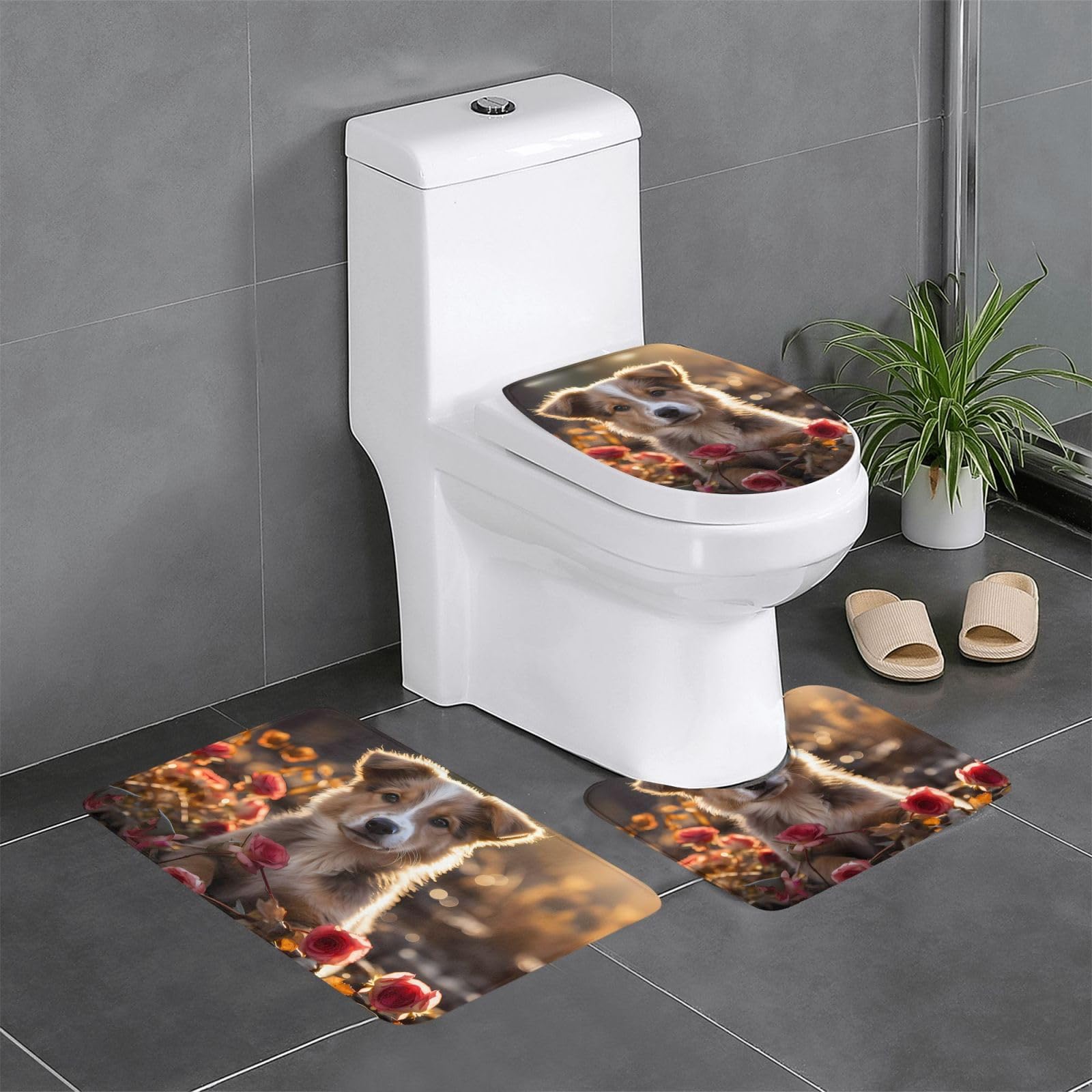 Tapis de salle de bain Dogs and Roses lot de 3 pour toilettes et coiffeuse