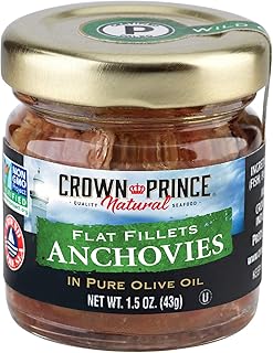 Crown Prince Natural Flat Fillets of Anchovies in Pure Olive Oil, 1.5-Ounce Jars (Pack of 18)