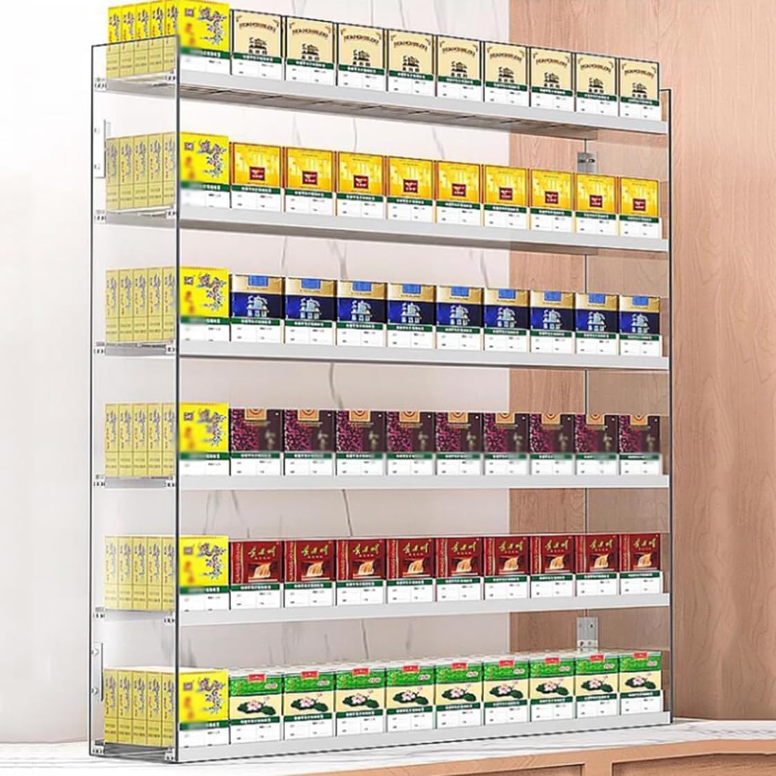 Wall-Mounted & Desktop Acrylic Cigarette Display Rack, Retail Showcase Holder, Pusher System, Dimensions: 31.5x28.4x38.5cm & 61.5x28.4x84cm, Perfect for Convenience Stores & Shops