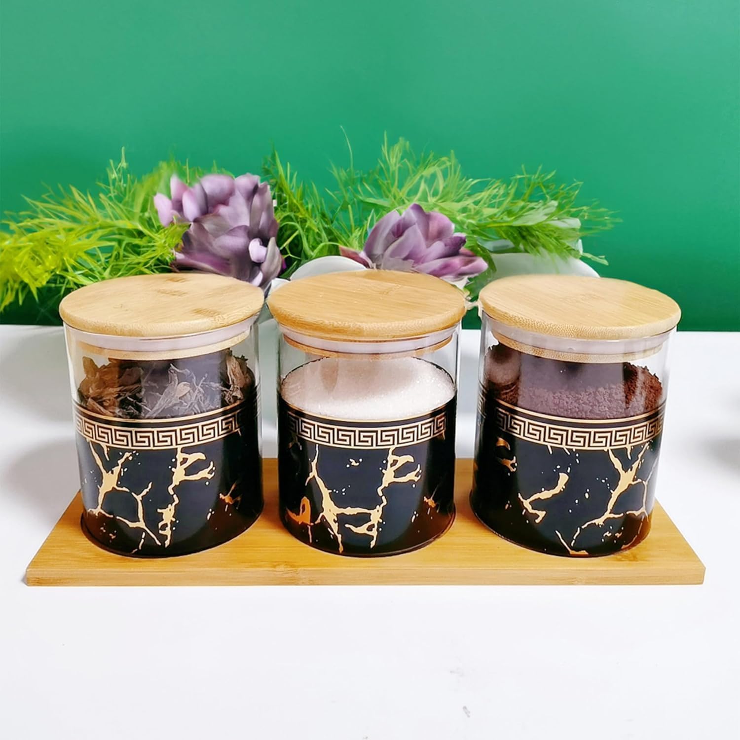 Kuber Industries 3 Pcs 850ml Marble Print Borosilicate Glass Storage Jar with Bamboo Lid & Tray | Kitchen Food Containers for Pantry, Pulses, Pickles, Cereals, Cookies & Dry Fruits