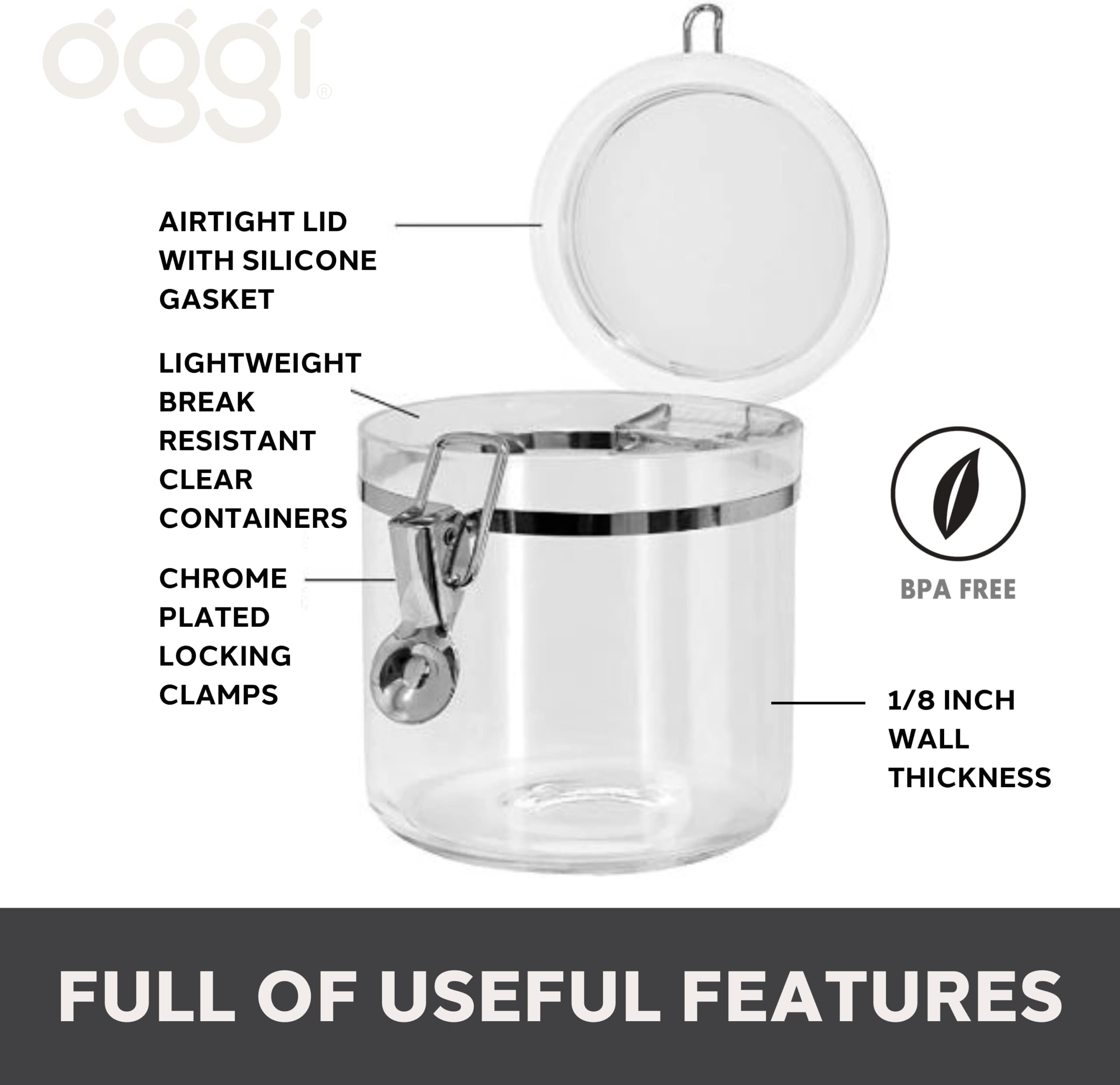 Oggi 5pc Clear Canister Set with Clamp Lids Airtight Containers in Sizes Ideal for Kitchen & Pantry Storage of Bulk, Dry Foods Including Flour, Sugar, Coffee, Rice, Tea, Spices & Herbs