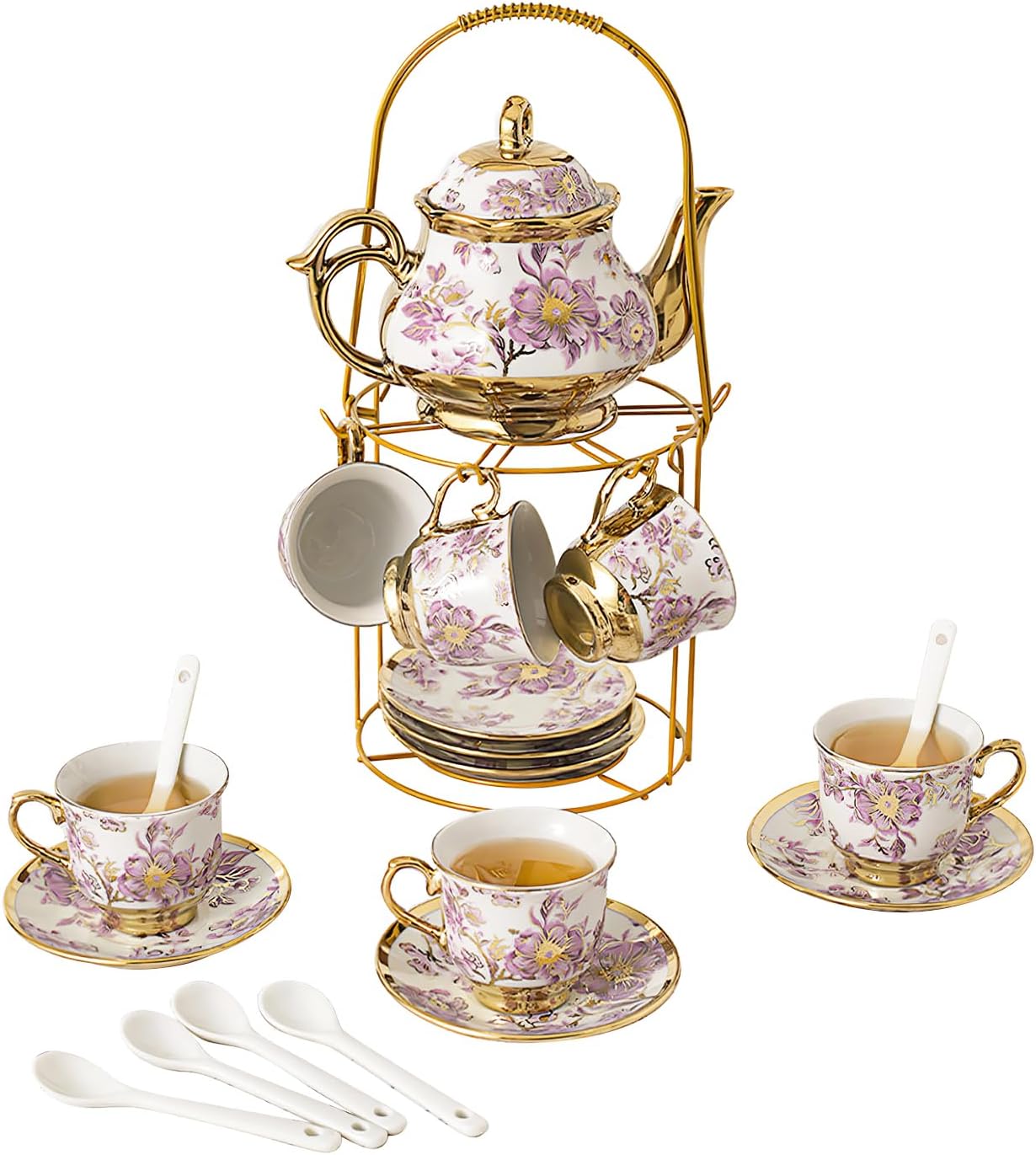 20 PCS Ceramic Tea Sets for Women Tea Party, Purple Pattern Tea Set with Gold Shelf, Flower Porcelain Tea Set with 6 Plates & 6 Spoons, Coffee Cup Set for Restaurant Hotels Dinner
