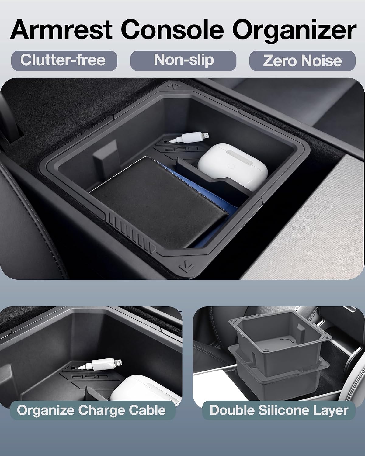 Center Console Organizer for Tesla Model Y Juniper Premium & Performance 2025 2026 and All Model 3 Highland Accessories [Double-Layer Storage, Smooth Sliding] Cup Holder Armrest Hidden Storage Box