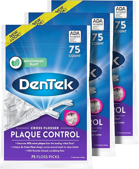 DenTek Cross Flosser Plaque Control Floss Picks, X-Shaped Floss, 75 Count, 3 Pack