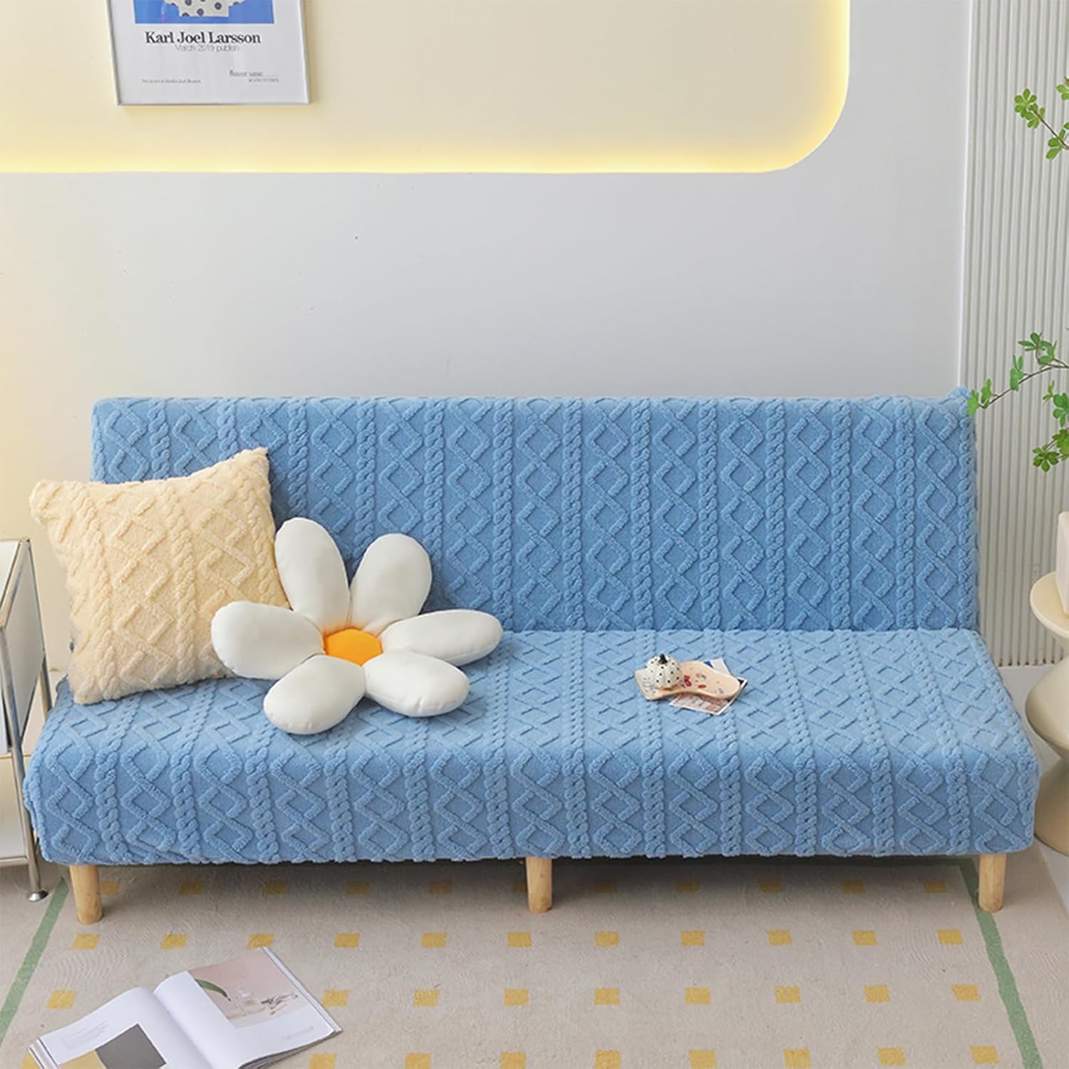 Stretch Armless Futon Cover - Soft Jacquard Slipcovers, Washable Furniture Protector with Elastic Bottom for Futon Mattress in Solid Color