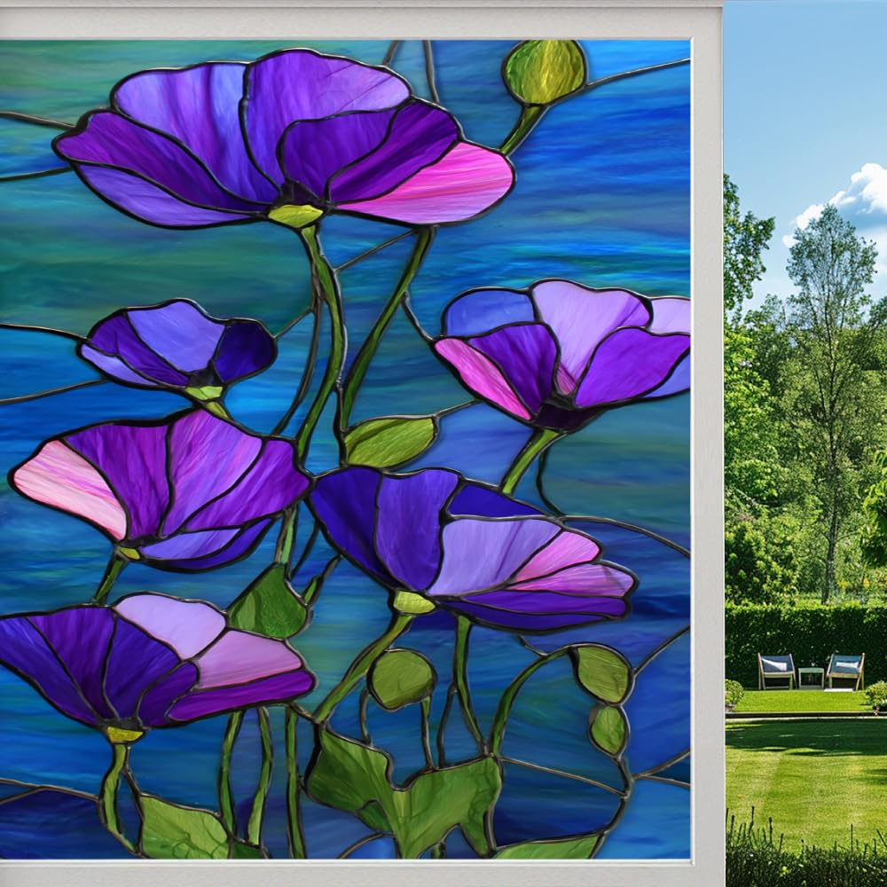 Pmlbaous Dreamy Iris Floral Frosted Window Film, Natural Flower Plants Stained Glass Privacy Film, Heat Insulation Self-Adhesive Vinyl For Bathroom Office, （90X140cm）
