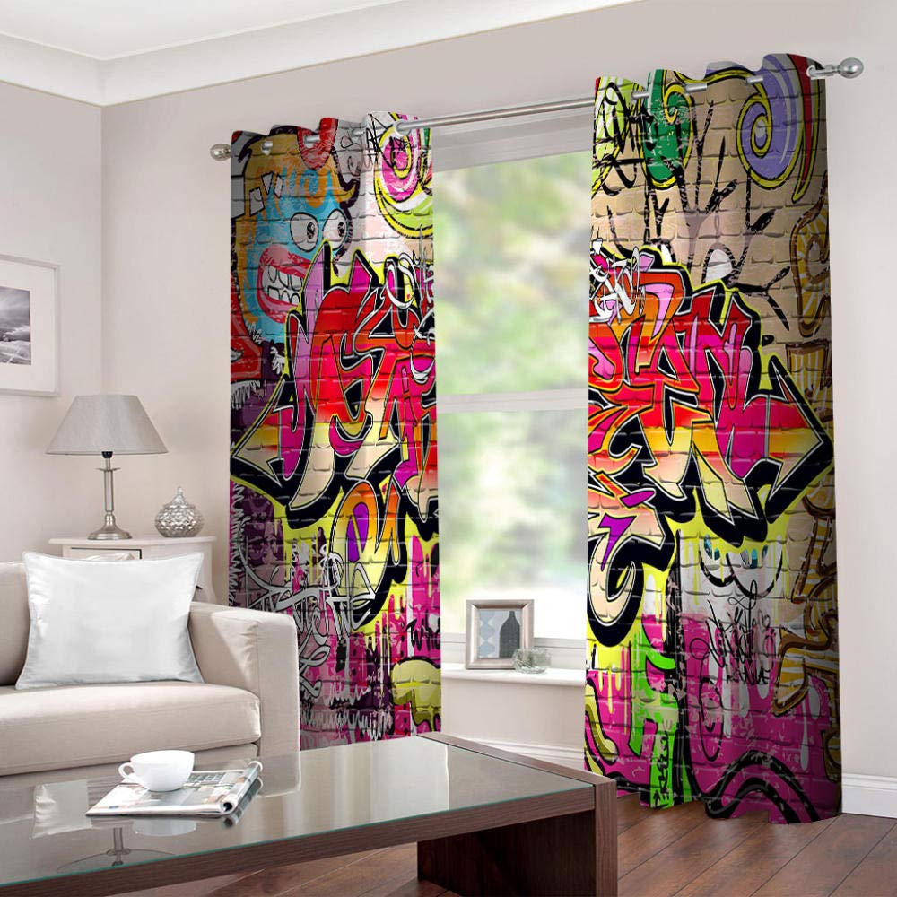 LIGAHUIKids Blackout Curtains Graffiti pattern 2x W66x L72 inch Thermal Insulated Window Treatment Solid Eyelet Curtain for Living Bedroom/Room Darkening & Noise Reduicing