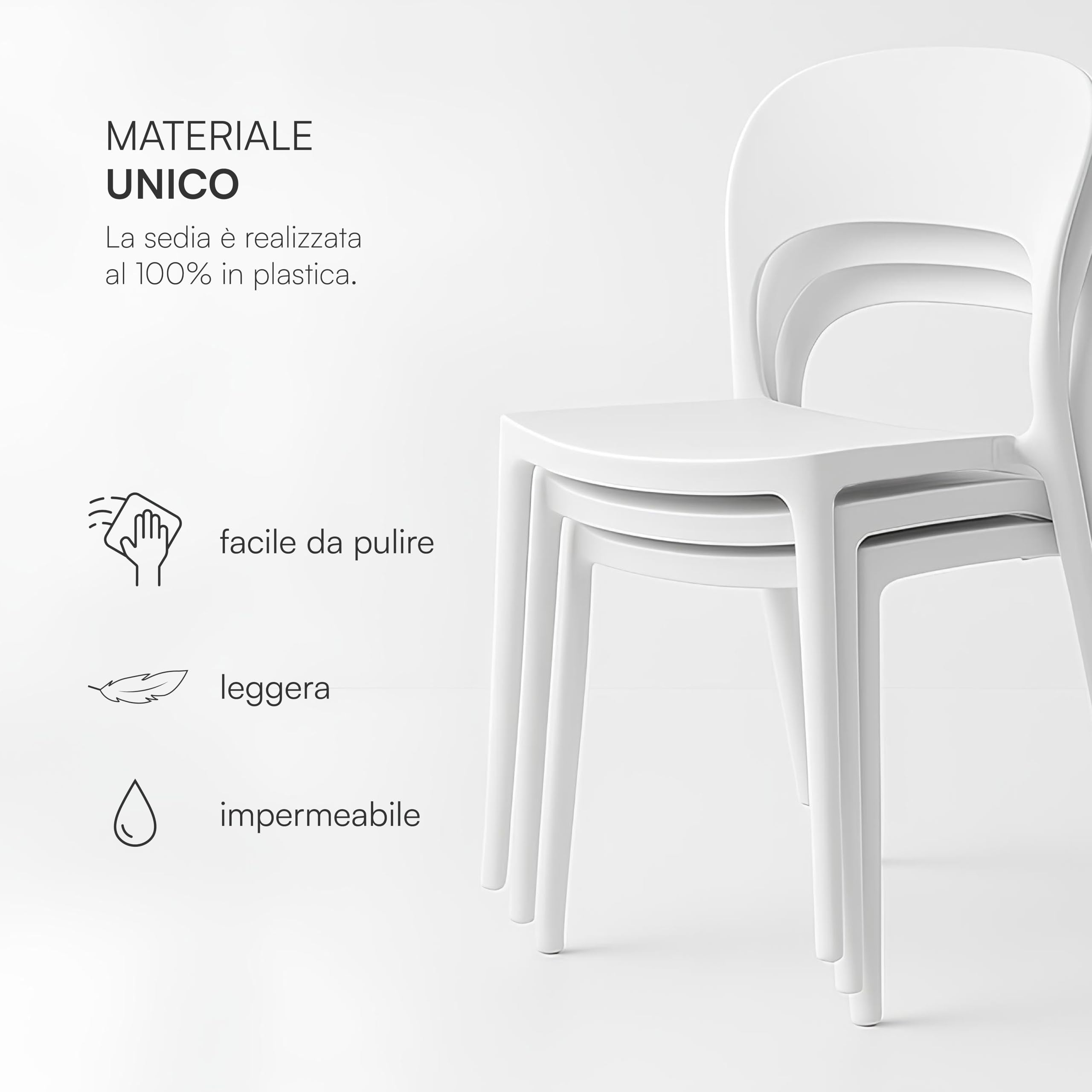 Baroni Home Set 4 Sedie in Plastica Bianca – Impilabili, Senza Montaggio, Facili da Pulire, con Gommini Antiscivolo, per Cucina, Soggiorno, Sala da Pranzo, Esterno 41x38x77 cm Stondata