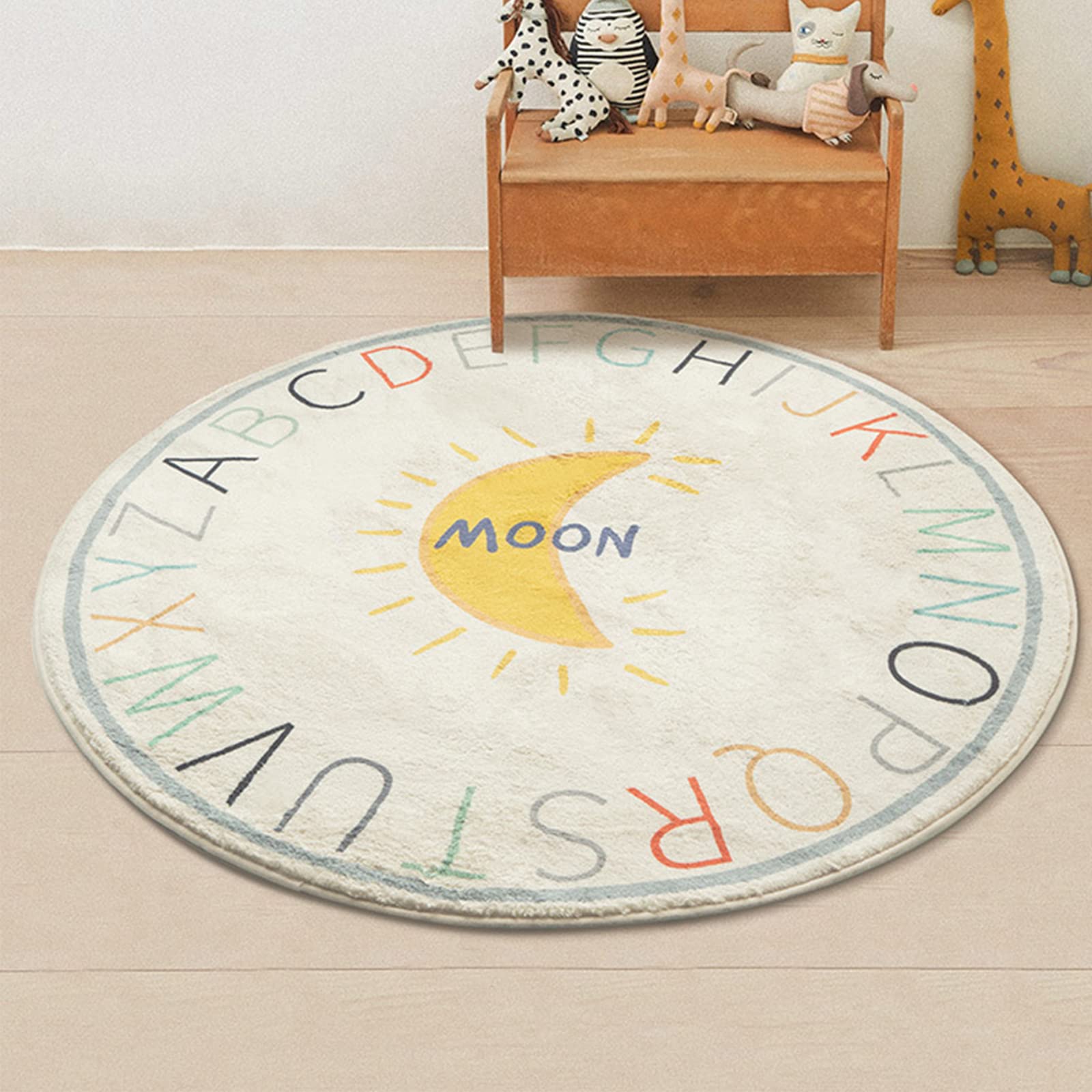 Tapis Rond pour Chambre d’Enfant, Tapis Motif des Enfants Moderne Filles Garçons, Tapis Imitation Cachemire Doux,Alphabet coloré avec Motif de Lune Jaune, ø 170 cm