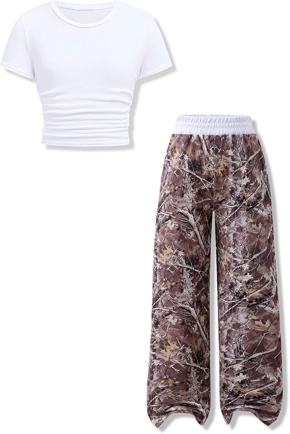7-14 Years Girls Sizes 2 Piece Casual Set Ruched Short Sleeve Fitted Waist-Cinched Top & Wide Leg Pants