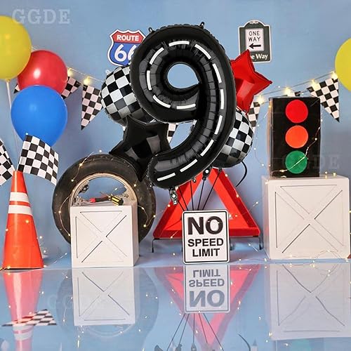 Miniatura 4 de Globos de cumpleaños de auto de carreras de 40 pulgadas globo de número 9 negro para niños de 9 años suministros de decoración de fiesta temática 5