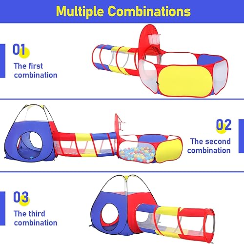 Miniatura 5 de PigPigPen Tienda de campaña 3 en 1 para niños con túnel de juego, pozo de bolas, aro de baloncesto para niños y niñas, juguete de casa de juegos