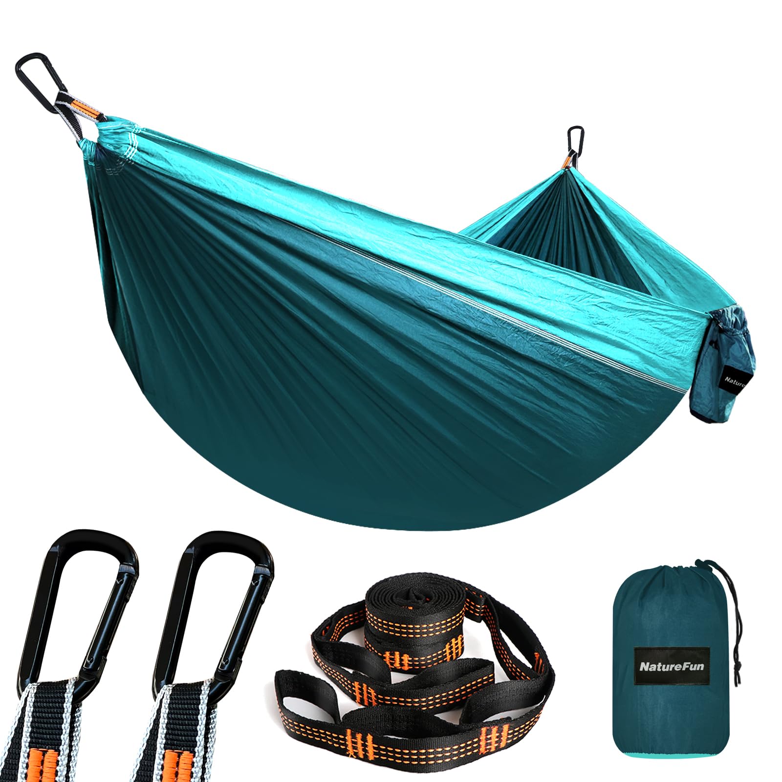 NATUREFUN Ultraleichte Reise Camping Hängematte | 300kg Tragkraft (275 x 140 cm) Atmungsaktiv, Schnelltrocknendes Fallschirm Nylon | 2 x Premium Karabiner,2 x Schlingen| Drinnen Draußen Garten